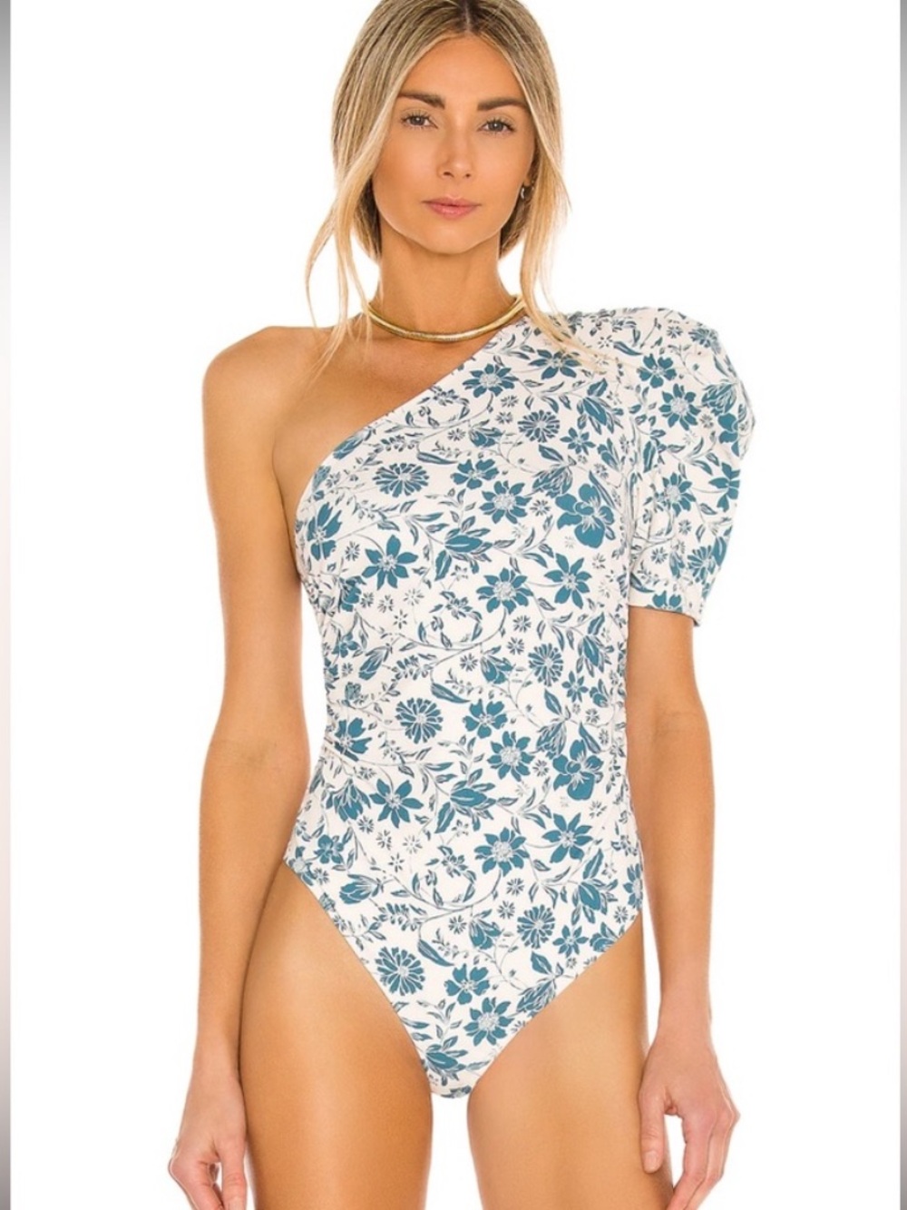 Free People Intimately Puff Sleeve One Sleeve Blue and White Floral Bodysuit XS - Picture 9 of 12